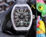 Replica Franck Muller V45 Yachting Diamond Case Black Leather Strap Watch 